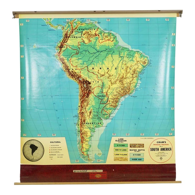 Vintage Cram's Physical Political South America Roll Up School Map For Sale