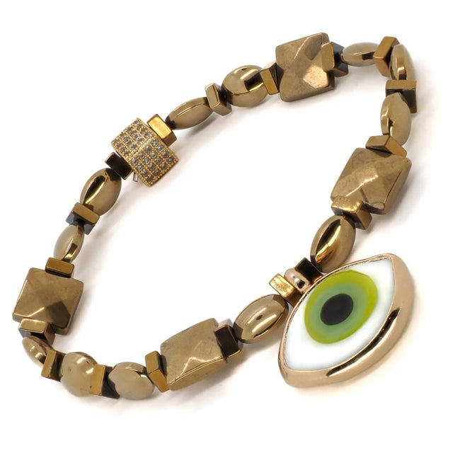 Early 21st Century Vitality Green Evil Eye Gold Hematite Stone Bracelet For Sale - Image 5 of 6