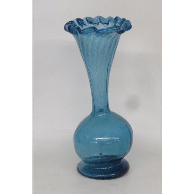 Mid 20th Century Small Aqua Blue Vase Mexican Hand Blown Art Glass With Fluted Ruffle Rim 4742b For Sale - Image 5 of 14