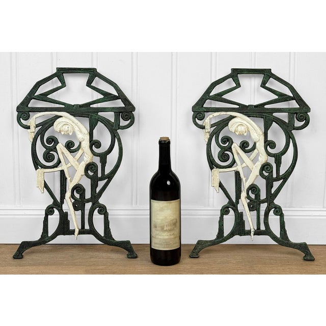 - 1970's Art Deco Architectural Bench Side Members - Cast Iron with Original Verdigris Finish - Figural Theatrical Jester...