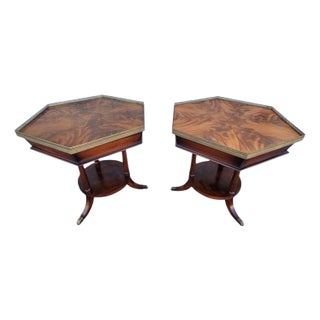 Pair Regency English 1920s Mahogany End Tables Bookmatched Brass Gallery Trim For Sale