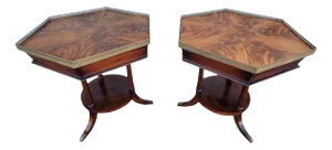 Pair Regency English 1920s Mahogany End Tables Bookmatched Brass Gallery Trim