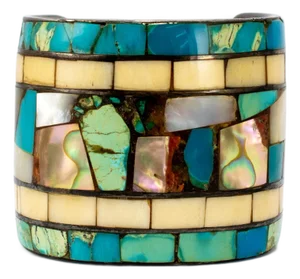 Vintage Neiman Marcus 925 Turquoise Mother of Pearl Abalone Shell Cuff Bracelet