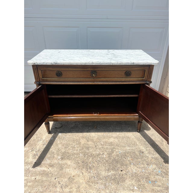 French 19th Century Louis XVI Walnut Carrara Marble Top Two Door Buffet For Sale - Image 12 of 12