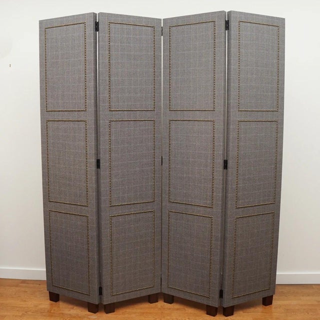 Custom Four-Panel Folding Screen with Nail Head Detailing For Sale - Image 4 of 8