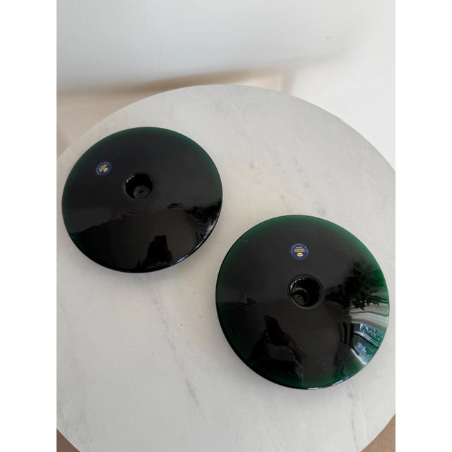 Pair of Royal Copenhagen Per Lütken Dark Green Glass Disk Candlesticks – Danish Modern – Original Boxes For Sale - Image 9 of 9