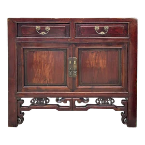 Vintage Chinese Carving Brown Drawers Side Table Credenza Cabinet