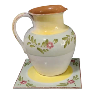 Late 20th Century Italian Glazed Terra-Cotta Pottery Hand Painted Floral Jug Pitcher With Coaster Tile