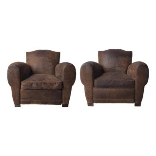 French Style Patinated Leather Lounge Chairs by Restoration Hardware For Sale