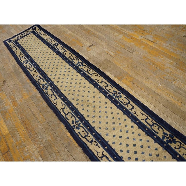 Textile 1920s Beige Diamond Antique Chinese Peking Hallway Runner Rug 1' 10'' X 14' 4'' For Sale - Image 7 of 10