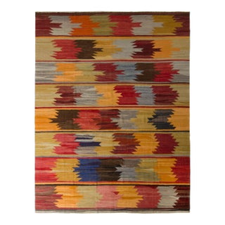 1950s Vintage Mid-Century Kilim Rug Green Red Multicolor All Over Pattern For Sale