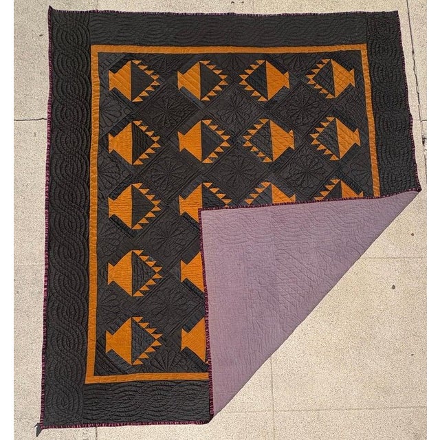 Early 20Thc Amish Black Cotton Sateen W/ Wool Pumpkin Baskets Quilt From Ohio For Sale - Image 10 of 10