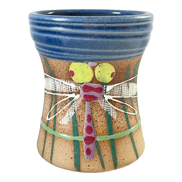 Vintage Signed Studio Art Pottery Mug W/ Dragonfly Motif For Sale