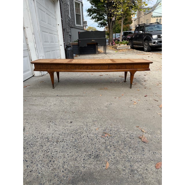 Vintage Mid-Century Modern Burl Wood Coffee Table With Inlaid Top, Tapered Legs and Brass Feet For Sale - Image 12 of 12