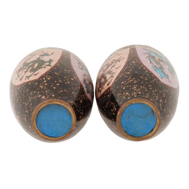 Metal Pair of Japanese Cloisonne Enamel Pink & Purple Vases Phoenix Dragon Goldstone For Sale - Image 7 of 7