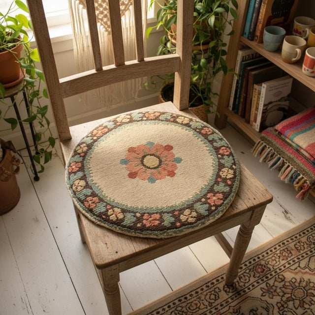 This set of four handwoven wool chair cushions was crafted in Athens, Greece, circa the 1970s, during a renewed interest...