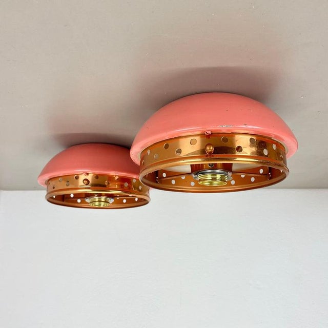 Article: metal ceiling light set of 2 color: pink origin: italy age: 1950s this vintage modernist light set was produced...