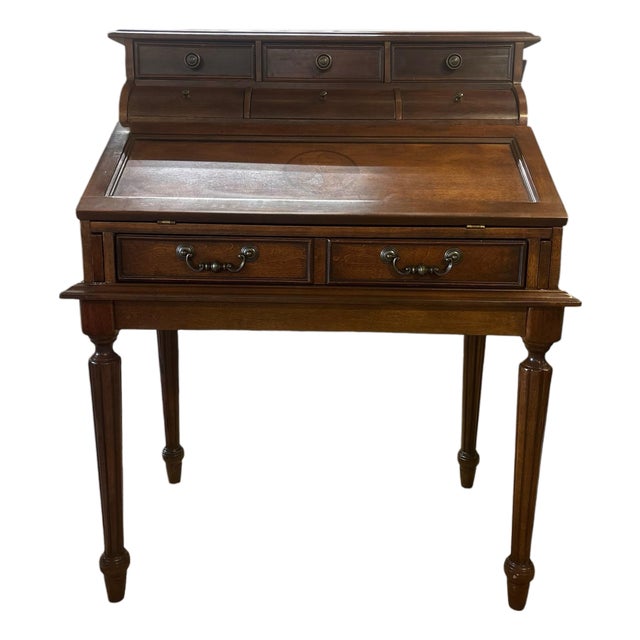 Traditional Cherry Secretary Desk With Tambour Storage and Compass Inlay French Style Secretary Desk With Inlay For Sale