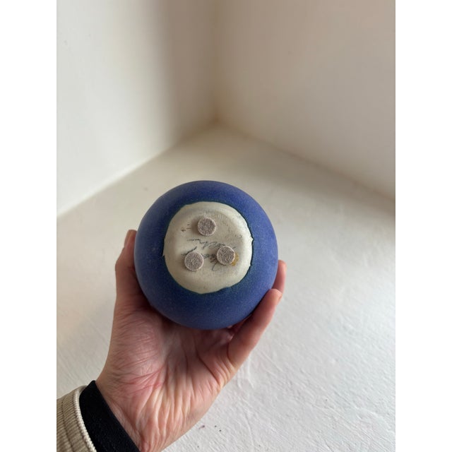 Deep Blue Ceramic Round Vase For Sale - Image 4 of 4
