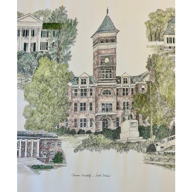 A charming late 20th-century hand-colored architectural print by artist Liz Bryant, depicting a collection of notable...