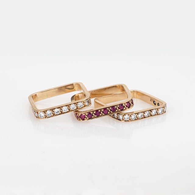 Mid 20th Century 14k Yellow Gold Diamond Ruby Square Stacking Rings ...