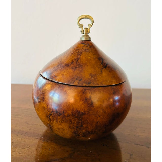 Round Wooden Pear Fruit Shaped Tea Caddy Trinket Box with Decorative Brass Handle