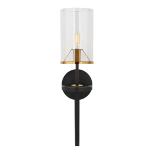 Thomas O'Brien for Visual Comfort Signature Vivier Single Sconce in Blackened Iron & Hand-Rubbed Antique Brass with Cylinder Clear Glass