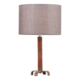 Wooden Table Lamp with Grey Lampshade, 1950s For Sale