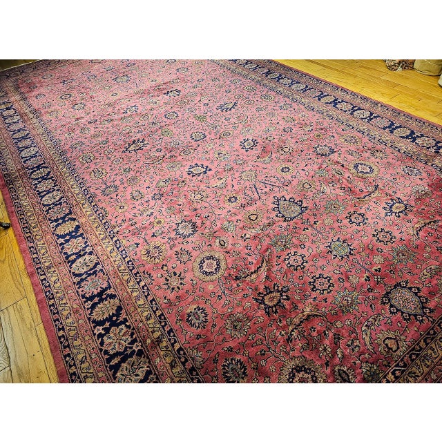 Vintage Oversize Tabriz Design Rug, Hand-Knotted Wool, Allover Geometric Pattern, Pale Red & Navy, 13x24 For Sale In Chicago - Image 6 of 16