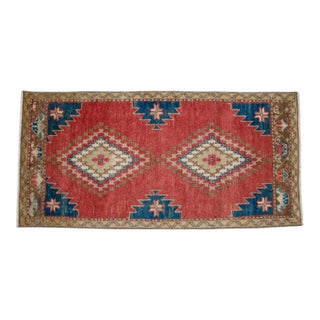 1970s Distressed Low Pile Turkish Petite Rug Hand Knotted Entry Mat - 20'' X 41'' For Sale