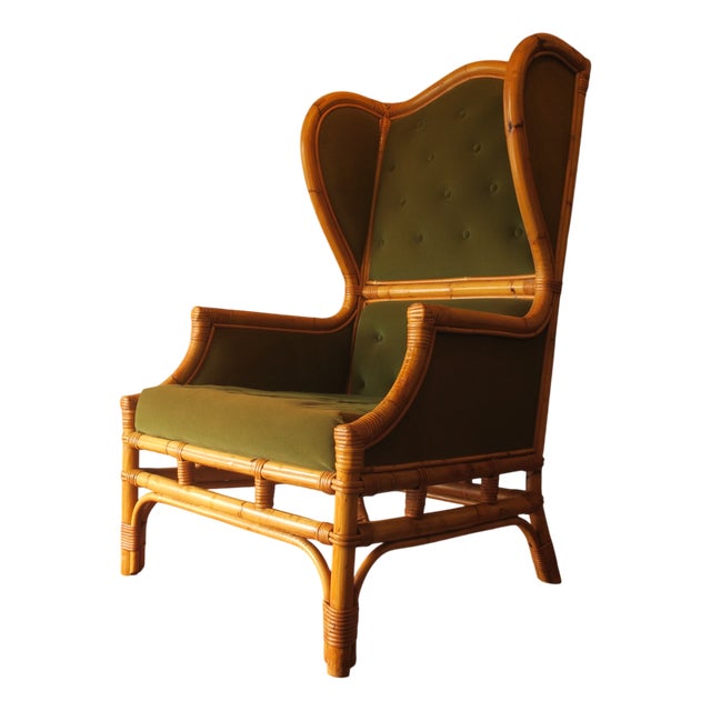 Mid-Century Wing Lounge Chair in Bamboo and Olive Green, 1960s For Sale