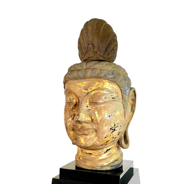 Black Monumental Thai-Style Buddha Head Sculpture on Lacquered Pedestal, 80"h For Sale - Image 8 of 13