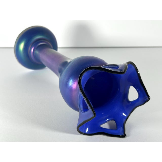 Glass Loetz Iridescent Blue Glass Vase: Austrian Pierced Art Nouveau Vase, c. 1905 For Sale - Image 7 of 10