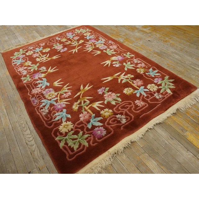 1930s Ruby Red Floral Antique Chinese Art Deco Carpet 4'4" X 6'6" Knotted Wool Rug For Sale - Image 11 of 12