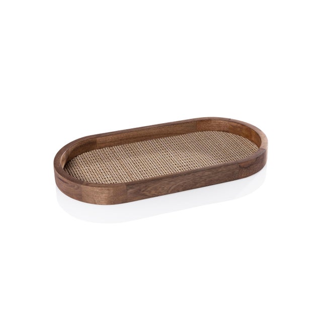 Wood Banyan Mango Wood with Rattan Inlay Oval Tray, Medium For Sale - Image 7 of 7