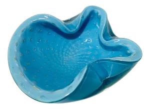 1950s Vintage Alfredo Barbini Murano Bullicante Turquoise Blue and Gold Fleck Cased Art Glass Bowl