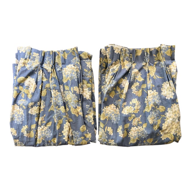 Pair of Extra Long Waverly Chambray Blue Hydrangea Custom Curtains For Sale