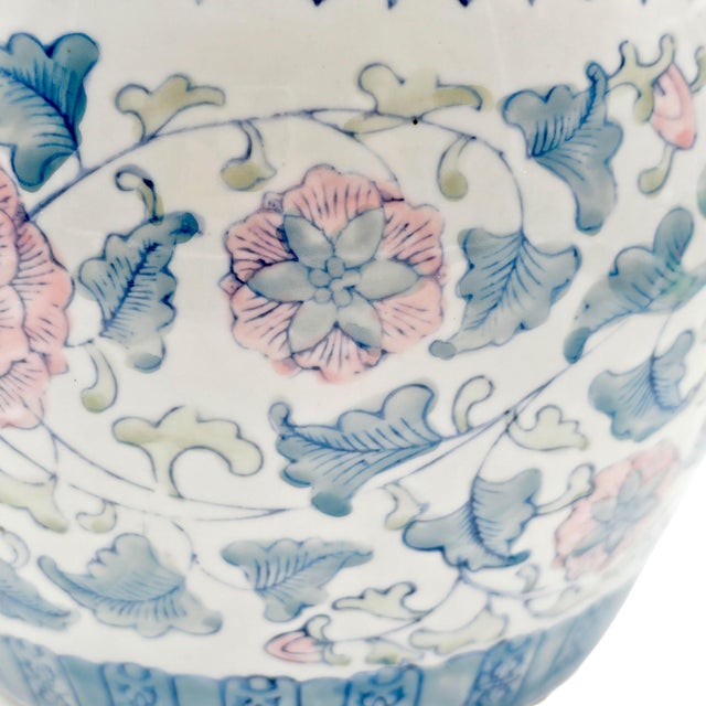 Chinese Famille Rose Style Porcelain Fish Bowl Planter — Blue & Pink Floral For Sale - Image 13 of 14