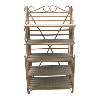 1970s Coastal Rattan Bakers Rack With Wicker Shelves For Sale