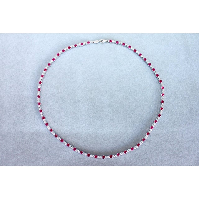 Metal Ruby Diamond Bezel Set Tennis Line 14k White Gold Classic Set Unique Necklace For Sale - Image 7 of 14