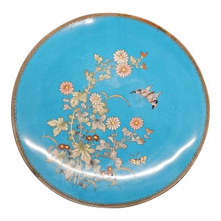 Antique Cloisonné Blue Rack Plate With Hummingbird/Floral Spray Centre For Sale