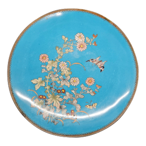 Antique Cloisonné Blue Rack Plate With Hummingbird/Floral Spray Centre