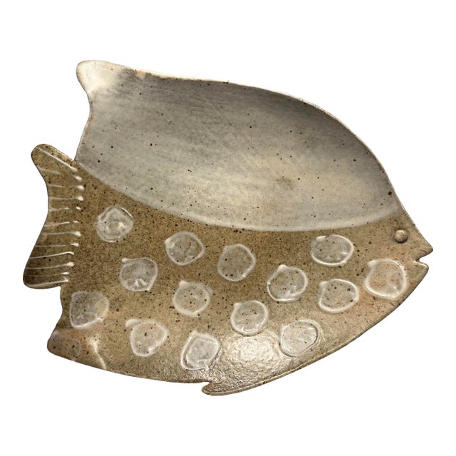 Mid-Century Modern Vintage Coastal Fish Platter Studio Pottery Signed For Sale