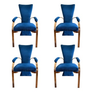 1980s Carson’s of High Point Blue Velvet & Brass Dining Chairs, Set of Four For Sale