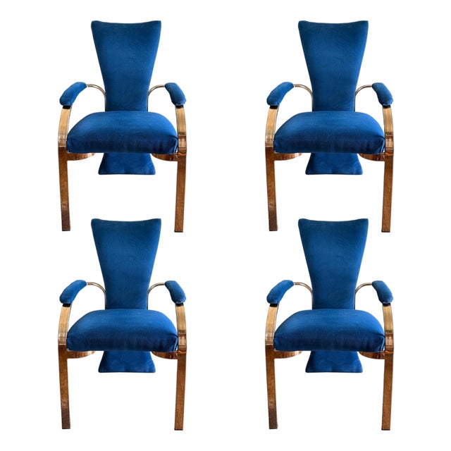 1980s Carson’s of High Point Blue Velvet & Brass Dining Chairs, Set of Four For Sale