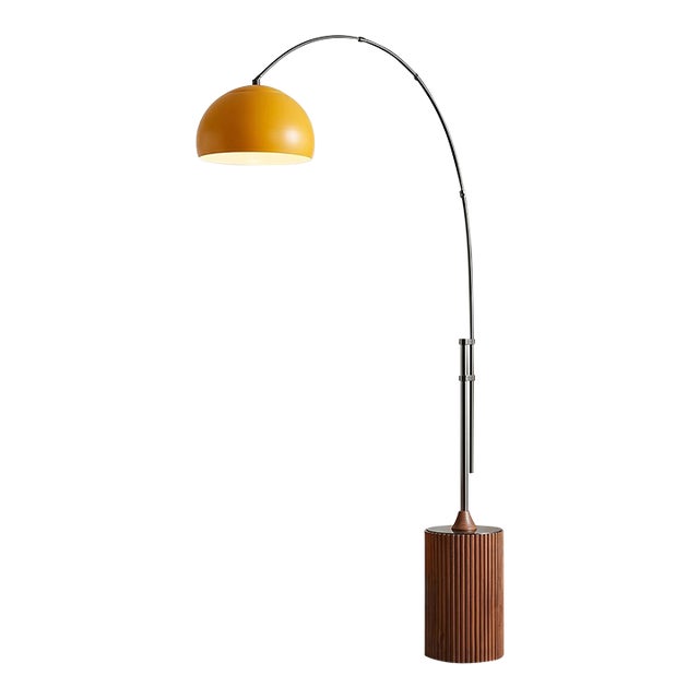 1980s Nova of California Half Dome Tambo Floor Lamp in Black Nickel - 92" Mid Century Arc Lamp, Mustard Shade, Dark Walnut Base For Sale