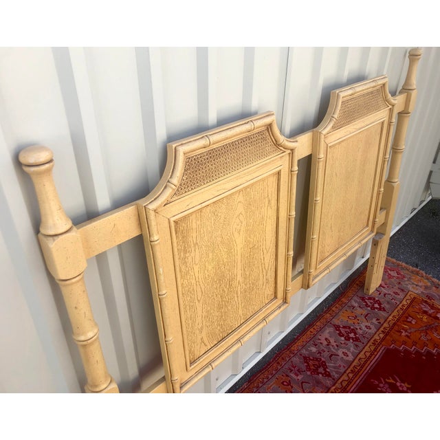 Vintage Chinoiserie Faux Bois and Bamboo Caned Pagoda Queen Headboard