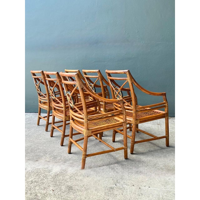 Chocolate Vintage McGuire Target Back Rattan Dining Chairs - Set of 6 For Sale - Image 8 of 18