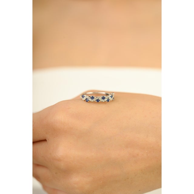 Not Yet Made - Made To Order Natural Blue Sapphire & Diamond Wavy Half-Eternity Band Ring Size 6 in 14k Gold For Sale - Image 5 of 15