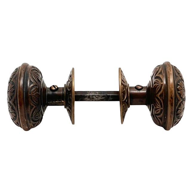 Victorian 1870s Antique American Bronze Door Knobs With Rosettes - A Pair For Sale - Image 3 of 9